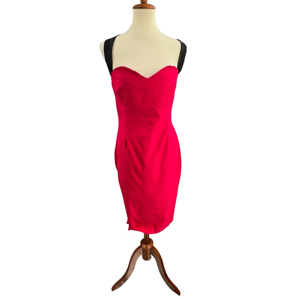 Vesper Fuchsia Bodycon‎ Dress Black Satin Straps Zip Back Cocktail Party Size 16